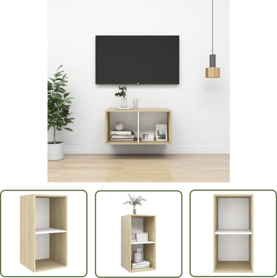 The Living Store Tv-wandmeubel 37x37x72 cm bewerkt hout sonoma eikenkleur en wit Televisiescherm Tv-meubel Salontafel Houten Meubilair Wandmontage - Foto 2