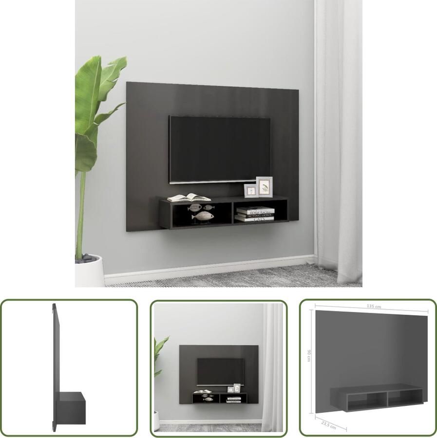 The Living Store Tv-wandmeubel 135x23-5x90 cm spaanplaat hoogglans grijs Kast - Foto 2
