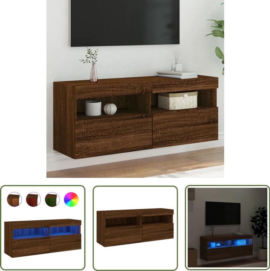 The Living Store Tv-wandmeubel met LED-verlichting 100x30x40 cm bruineikenkleur TV-meubel Wandmontage LED-verlichting Bruineiken Houten Kast