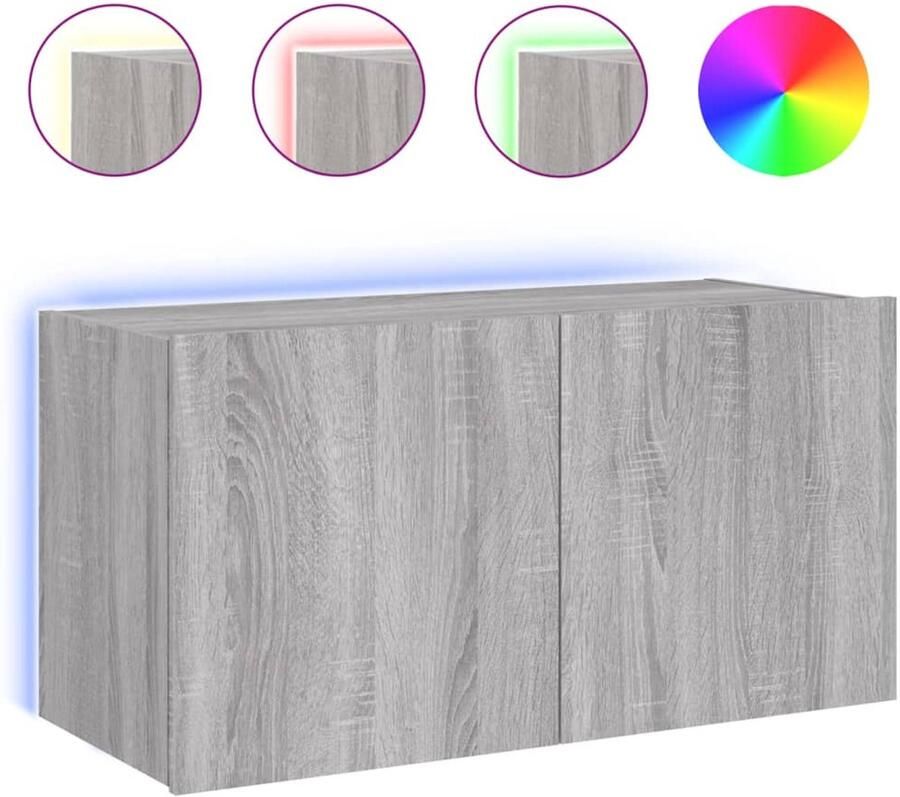 The Living Store Tv-wandmeubel met LED-verlichting 80x35x41 cm grijs sonoma Tv-standaard Tv-meubel Wandmontage Led Verlichting Grijze Tv Stand - Foto 2