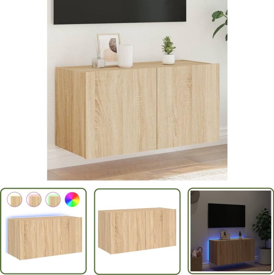 The Living Store Tv-wandmeubel met LED-verlichting 80x35x41 cm sonoma eikenkleur Tv-meubel Tv-standaard Wandmontage Led Verlichting Sonome Eiken - Foto 3