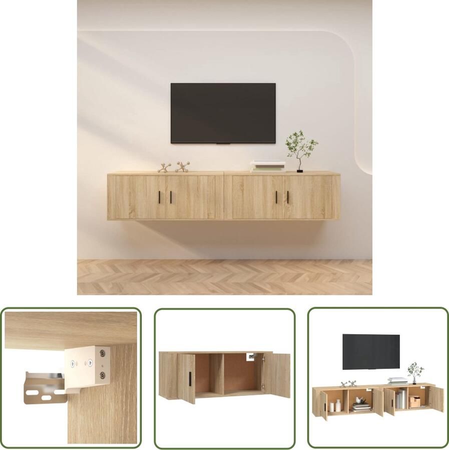 The Living Store TV Wandmeubel Sonoma Eiken 100 x 34.5 x 40 cm Duurzaam materiaal Voldoende opbergruimte Wandgemonteerde functie Stevig blad Praktische deuren Inclusief handleiding 2x tv-wandmeubel - Foto 2