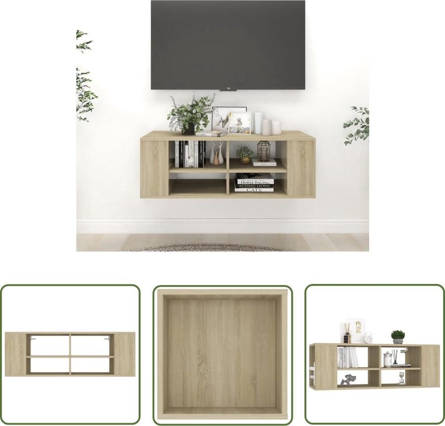The Living Store TV wandmeubel verstelbare schappen 2-laagse kast sonoma eiken 102 x 35 x 35 cm montage vereist