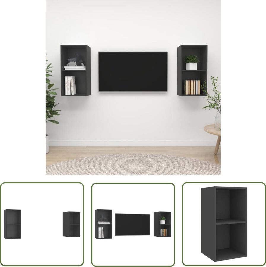 The Living Store Televisiewandmeubelen Set van 2 Grijs 37 x 37 x 72 cm Voldoende opbergruimte Televisiewandmeubelen Tv-kast Tv-meubel Wandmontage Opbergruimte - Foto 2