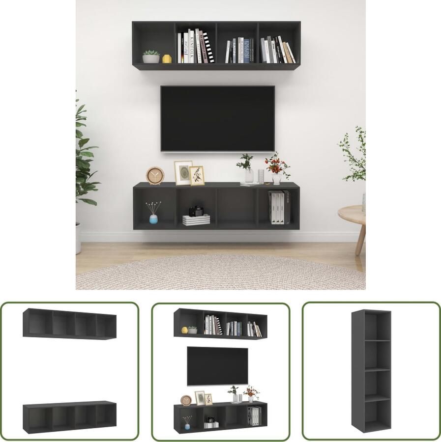 The Living Store Tv-meubelset Grijs Spaanplaat 37x37x142.5 cm Opbergruimte Verticaal horizontaal ophangen 4 vakken Vochtig afneembaar Montage vereist 2 x tv-meubel Tv-meubel Tv-kast Wandmeubel Salontafel Livingroom Decor - Foto 2