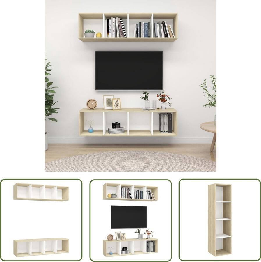 The Living Store Televisiewandmeubelset TV-meubel Wit Sonoma eiken 37 x 37 x 142.5 cm 4 vakken Televisiewandmeubel Tv-meubel Salontafel Media-opstelling Witte Tv-kast - Foto 2