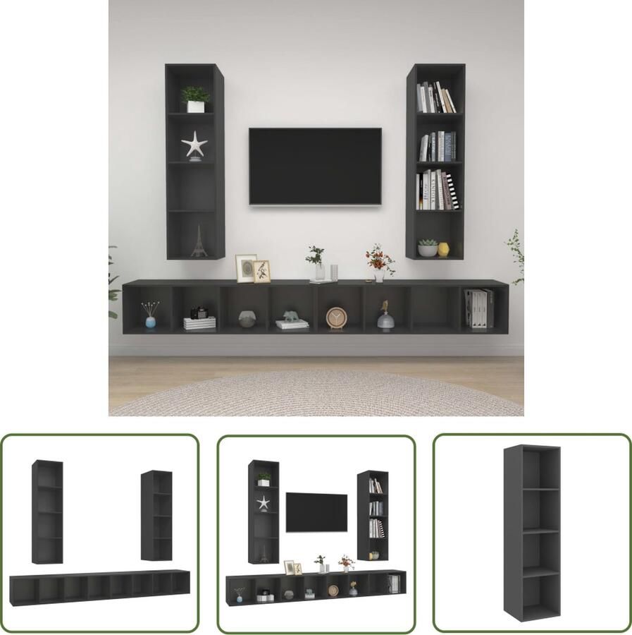 The Living Store Televisiewandmeubelset 4 x TV-meubel grijs spaanplaat 37 x 37 x 142.5 cm Televisiescherm Tv-meubel Wandmontage Tv Kasten Salontafel - Foto 2