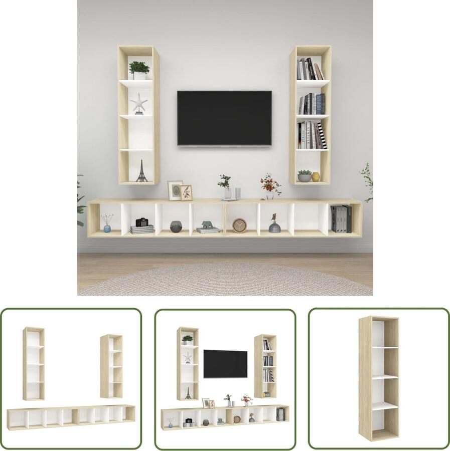 The Living Store Tv-meubelset Tv-meubelen 37 x 37 x 142.5 cm Kleur- wit en sonoma eiken Materiaal- spaanplaat Tv Wandmeubel Houten Tv-meubel Tv Kast Salontafel Livingroom Decor - Foto 2