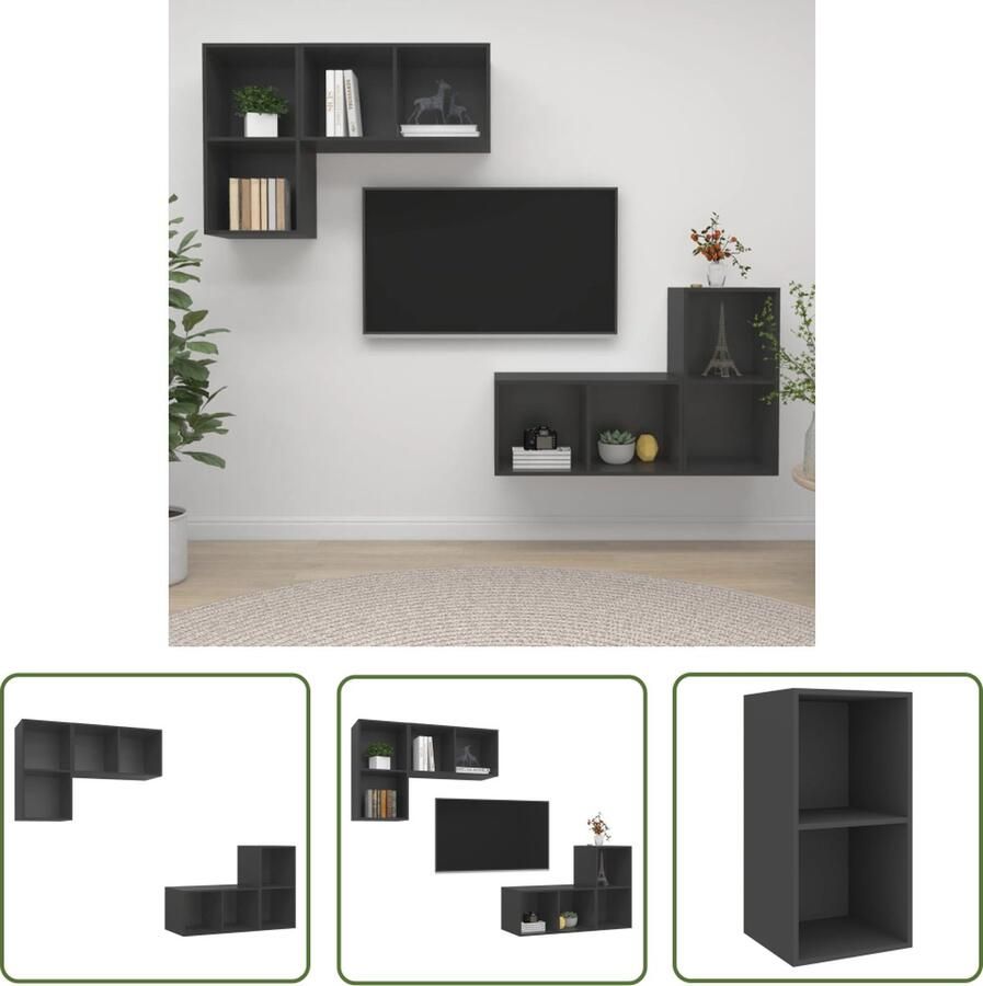 The Living Store Televisiewandmeubelset Grijs 37x37x72 cm Opbergruimte Verticaal of Horizontaal 2 Vakken Spaanplaat Montage Vereist Televisiescherm Tv Meubilair Tv Kasten Wandmontage Opbergruimte - Foto 2