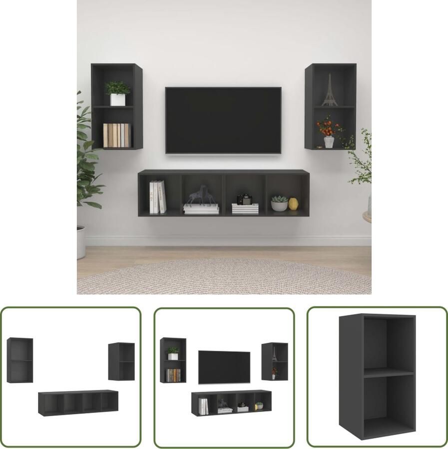 The Living Store Tv-meubelset Grijs 37 x 37 x 72 cm 4 x tv-meubel Tv-meubel Wandmeubel Salontafel Houten Tv-standaard Mediabox - Foto 2