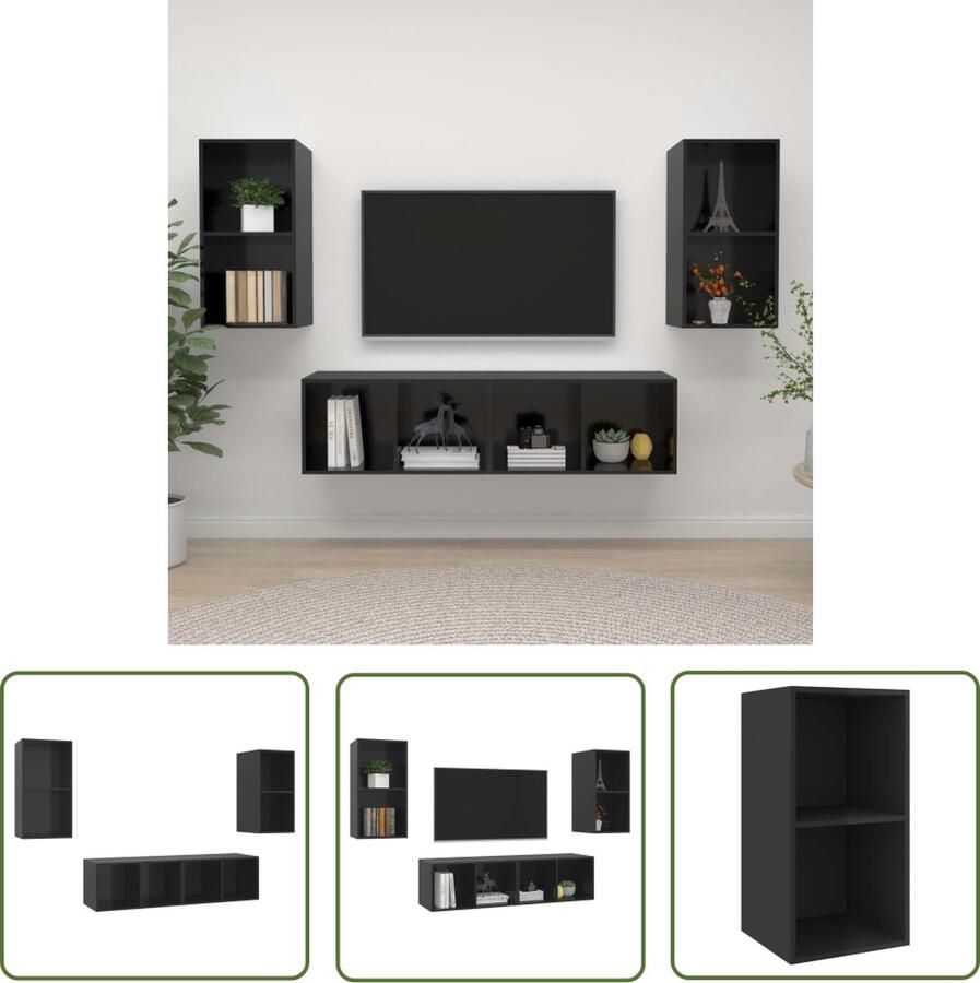 The Living Store Televisiewandmeubelset Hoogglans zwart 37 x 37 x 72 cm 4 stuks Televisiescherm Wandmontage Tv Kasten Tv Stand Salontafel Media Kast - Foto 2