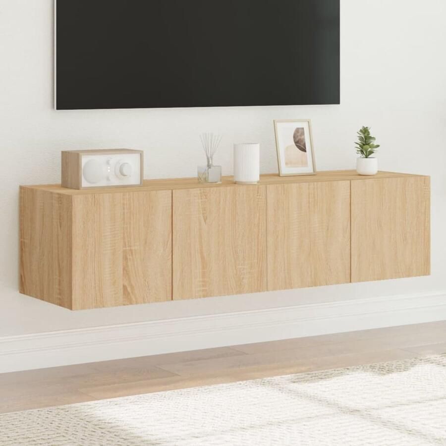 The Living Store Tv-wandmeubelen met LED 2 st 60x35x31 cm sonoma eikenkleurig TV-standaard Tv-meubel Wandmontage Led Verlichting Opbergvak