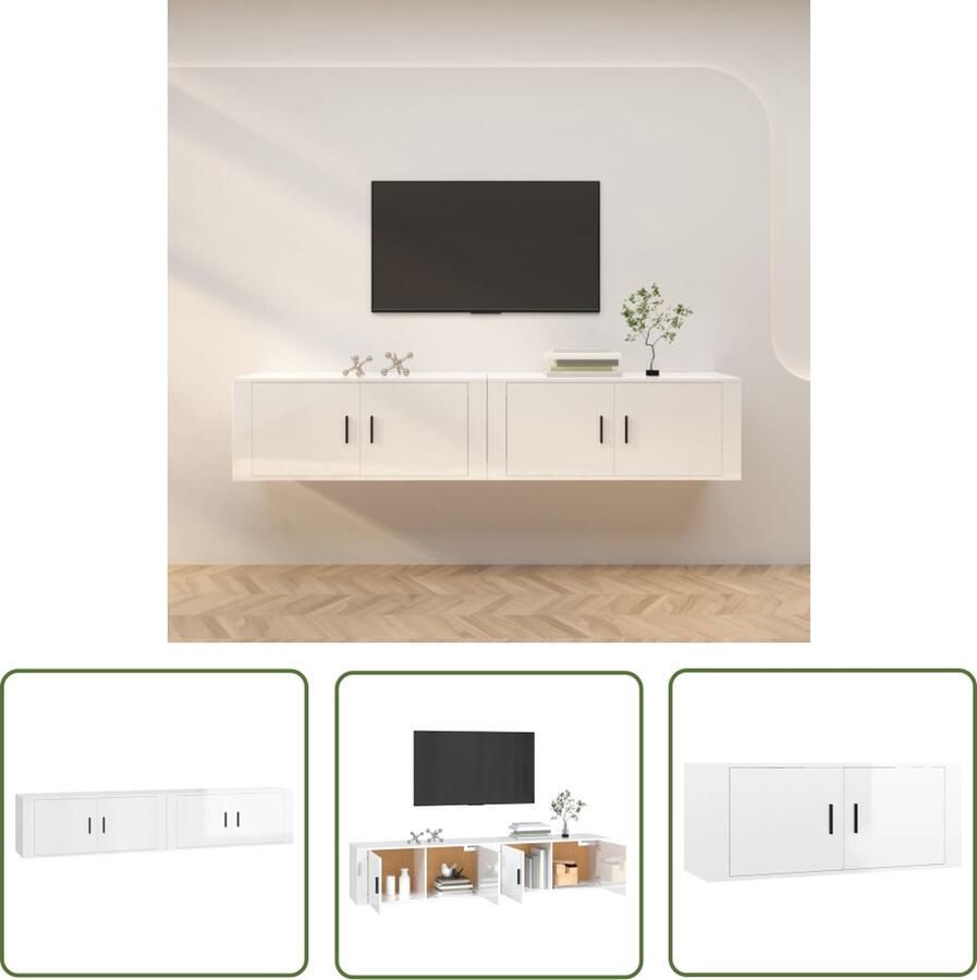 The Living Store TV wandmeubel Hoogglans wit 100 x 34.5 x 40 cm (B x D x H) 2 stuks TV Meubel Wandmontage Houten Tv Stand Wit Tv Meubel Modern Tv Meubel - Foto 2