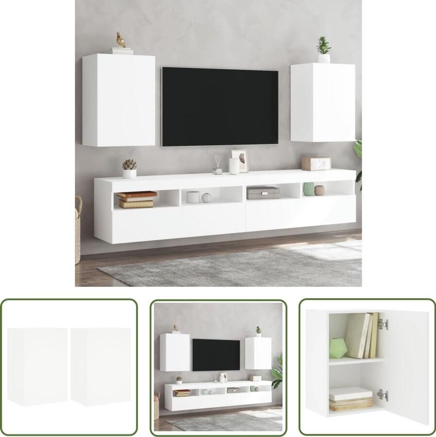 The Living Store Tv-wandmeubels 2 st 40 5x30x60 cm bewerkt hout wit Tv-wandmeubel Tv-kasten Zwevend Tv-meubel Opbergvakken Houten Tv-standaard