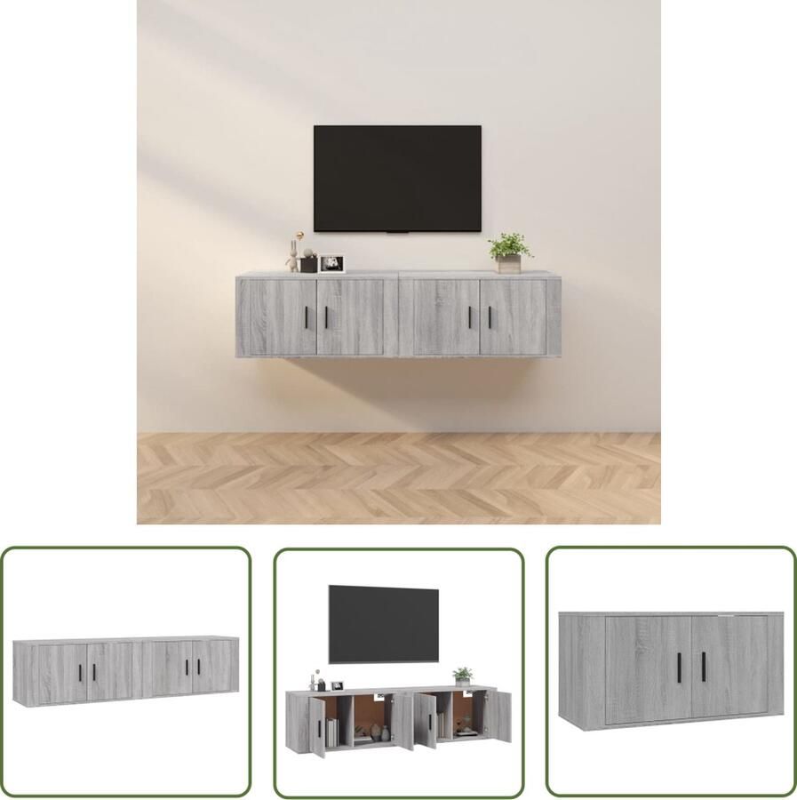 The Living Store TV-wandmeubel Grijs sonoma eiken Set van 2 80 x 34.5 x 40 cm Duurzaam hout TV-meubel Wandmontage Grijze Tv-standaard Houten Tv-tafel Tv-opstelling - Foto 2