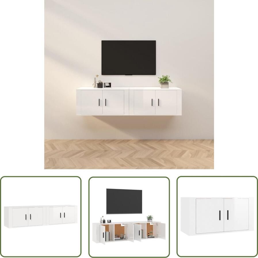 The Living Store TV-wandmeubel Hoogglans Wit 80 x 34.5 x 40 cm opbergruimte TV Meubel Wandmontage Houten TV Kast Wit TV Meubel Opbergruimte - Foto 2