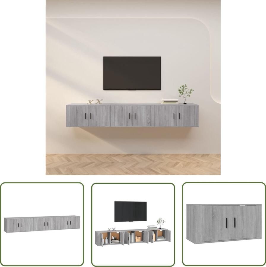 The Living Store Tv-wandmeubels 3 st 80x34 5x40 cm grijs sonoma eikenkleurig TV Wandmeubel Grijze Eik Salontafel Opbergkast Houten Tv Stand - Foto 2