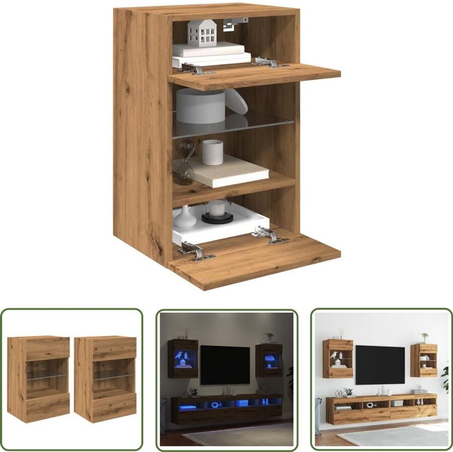 VidaXL Tv Stand Tv Meubels Wandkasten met LED-verlichting voor tv 2 st 40x30x60 5 cm artisanaal eikenkleur Wandmontage Led Verlichting Opbergruimte - Foto 2