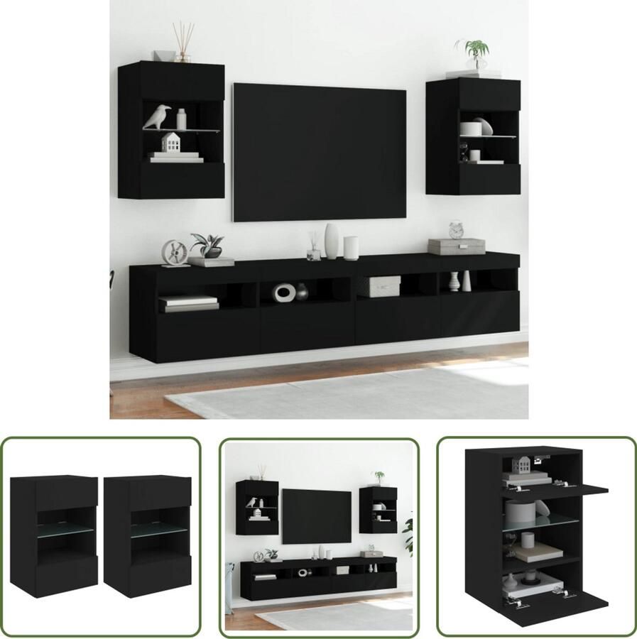 The Living Store Tv-wandmeubels met LED-verlichting 2 st 40x30x60 5 cm zwart Tv-wandmeubel Zwevende Tv-kast Zwarte Tv-kast Led Tv-meubel Houten Tv-standaard