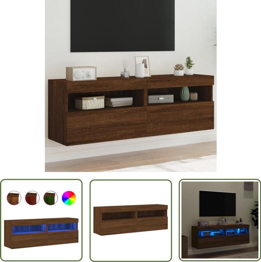 The Living Store Tv-wandmeubels met LED-verlichting 2 st 60x30x40 cm bruineiken Tv-wandmeubel Tv-kasten Led-verlichting Bruineiken Houten Tv-standaard