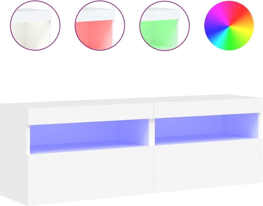 The Living Store Tv-wandmeubels met LED-verlichting 2 st 60x30x40 cm wit Tv-kasten Led Verlichting Wandmontage Opbergruimte Houten Tv-standaard - Foto 2