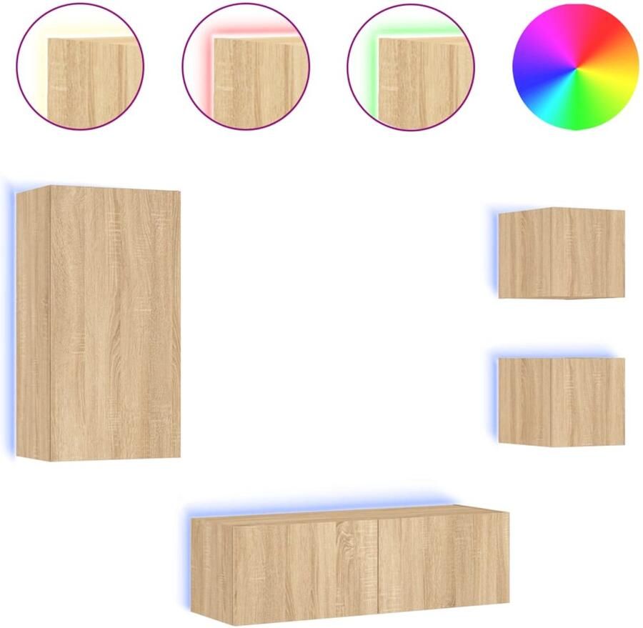 The Living Store 4-delige Tv-wandmeubelset met LED-verlichting sonoma eikenkleur Tv-wandmeubel Tv-opstelling Led-verlichting Sonoma Eiken Houten Tv-meubel - Foto 2