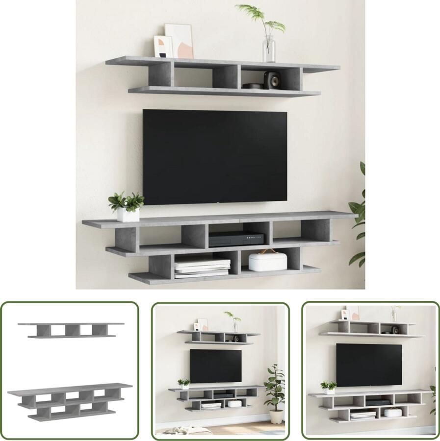 The Living Store Zwevend Tv-Wandmeubel 100 x 24 x 13 cm Betongrijs Bewerkt Hout Wandmontage Ruime Opbergruimte