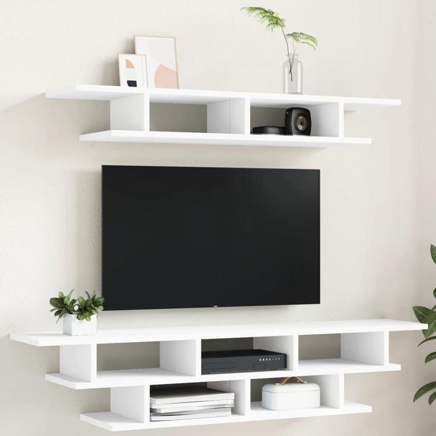 The Living Store Tv-wandmeubelset bewerkt hout wit Tv Wandmeubel Tv Stand Houten Tv Kast Zwevend Tv Meubel Opbergkast