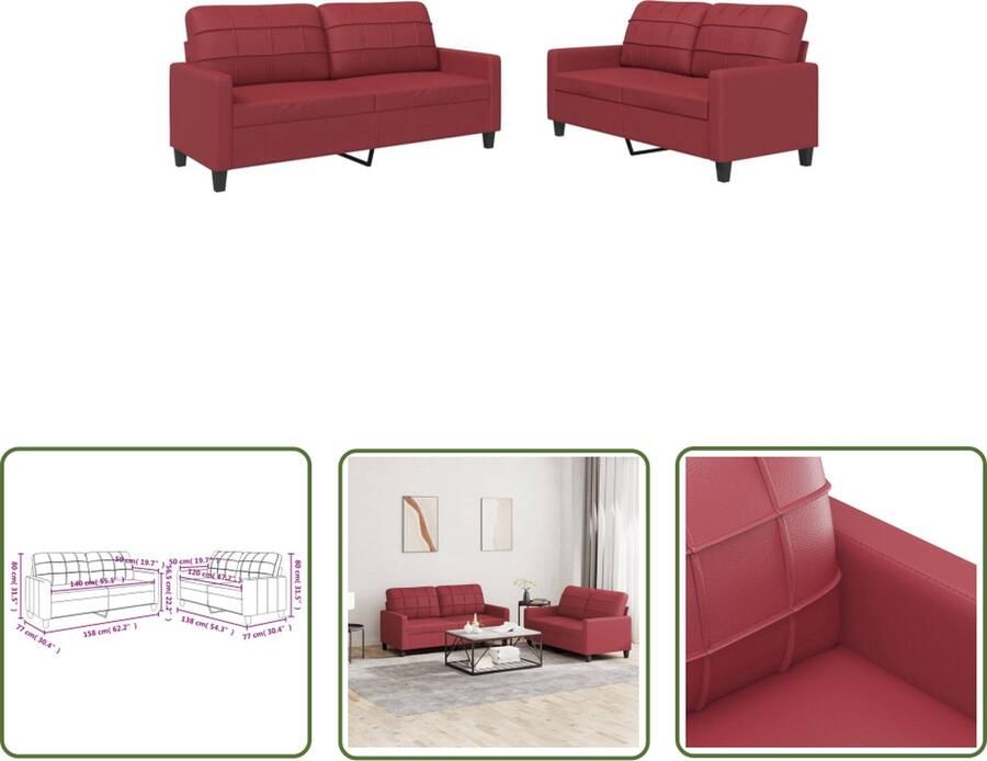 The Living Store 2-delige Loungeset met kussens kunstleer wijnrood Tweezitsbank Lounge Set Rode Bank Lederlook Bank Kunstleder Bank