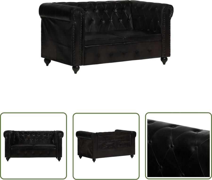 The Living Store Chesterfield Tweezitsbank Zwart 148 x 75 x 75 cm Echt leer Chesterfield Bank Lederen Bank Twee Persoons Bank Zwarte Bank Salontafel
