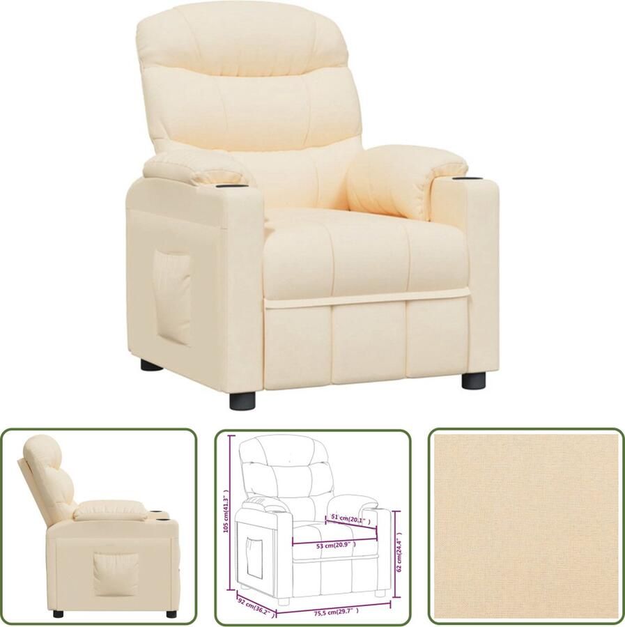 The Living Store Verstelbare Fauteuil Crème Stof 75.5 x 92 x 105 cm Met Bekerhouders - Foto 2