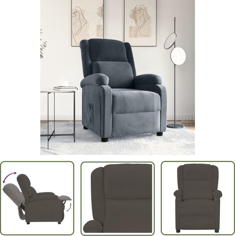 The Living Store Verstelbare Fauteuil Donkergrijs Fluwelen Stof 70 x 140 x 79 cm Met Zijvak - Foto 2