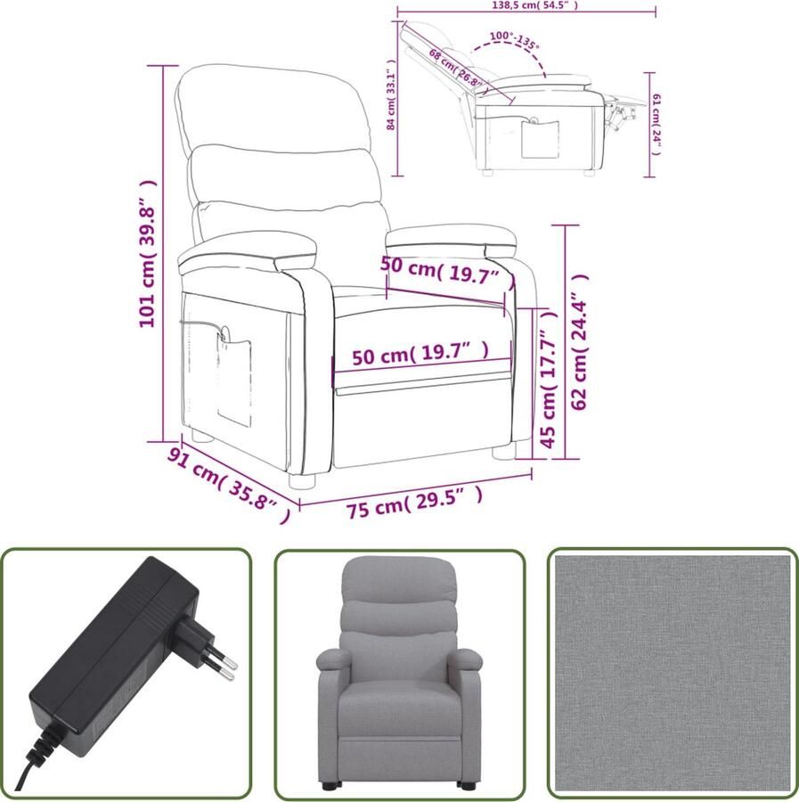 The Living Store Sta-op-stoel stof lichtgrijs Verstelbare Stoel Sta-op Stoel Elektrisch Bediening Ergonomische Stoel Fauteuil Grijs - Foto 2