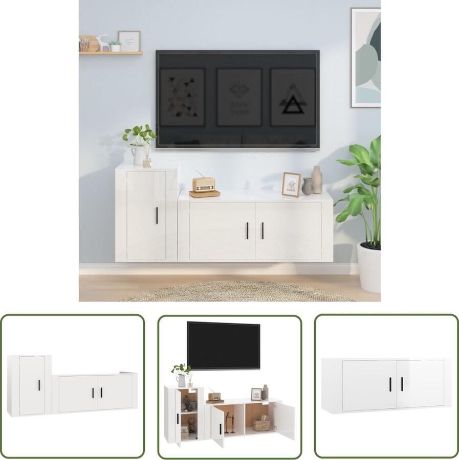 The Living Store TV-meubelset Klassiek Hoogglans Wit 100 x 34.5 x 40 cm 40 x 34.5 x 60 cm TV-meubel Tv Kast Salontafel Houten Tv-meubel Modern Tv-meubel - Foto 2