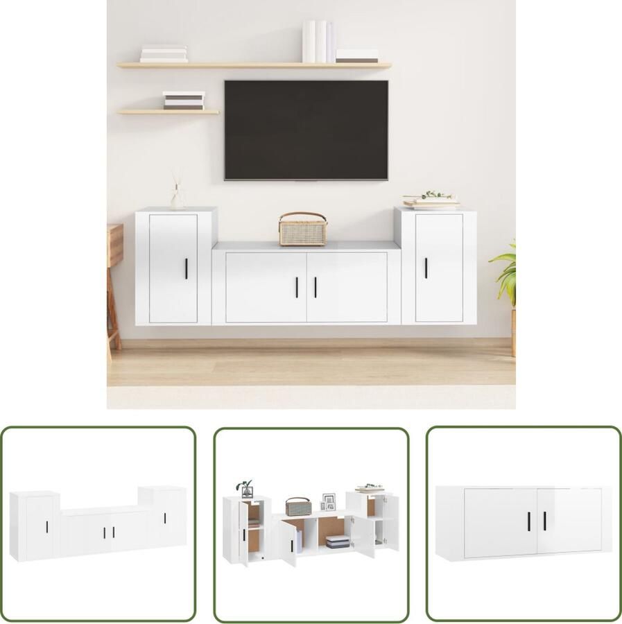 The Living Store Televisiekastenset Hoogglans wit 100 x 34.5 x 40 cm Bewerkt hout Televisiesecretaris Tv Kast Tv Meubel Houten Tv Stand Houtsoort - Foto 2