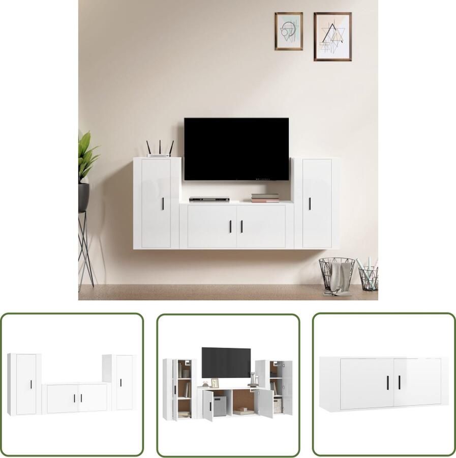 The Living Store TV-meubel Klassiek Wandgemonteerd Hoogglans Wit 1x 100x34.5x40cm 2x 40x34.5x80cm TV Kast Wandmontage Houten TV Kast Modern TV Meubel Hoogglans Wit - Foto 2