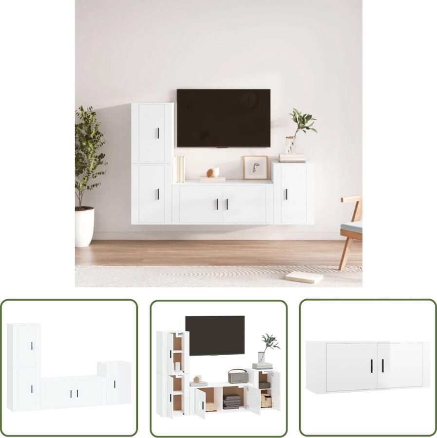 The Living Store Televisiekastenset Klassiek Hoogglans Wit -100x34.5x40cm 40x34.5x60cm (3x) Tv Kast Televisiemeubel Houten Tv Kast Wit Tv Kast Wandmontage Tv Kast - Foto 2