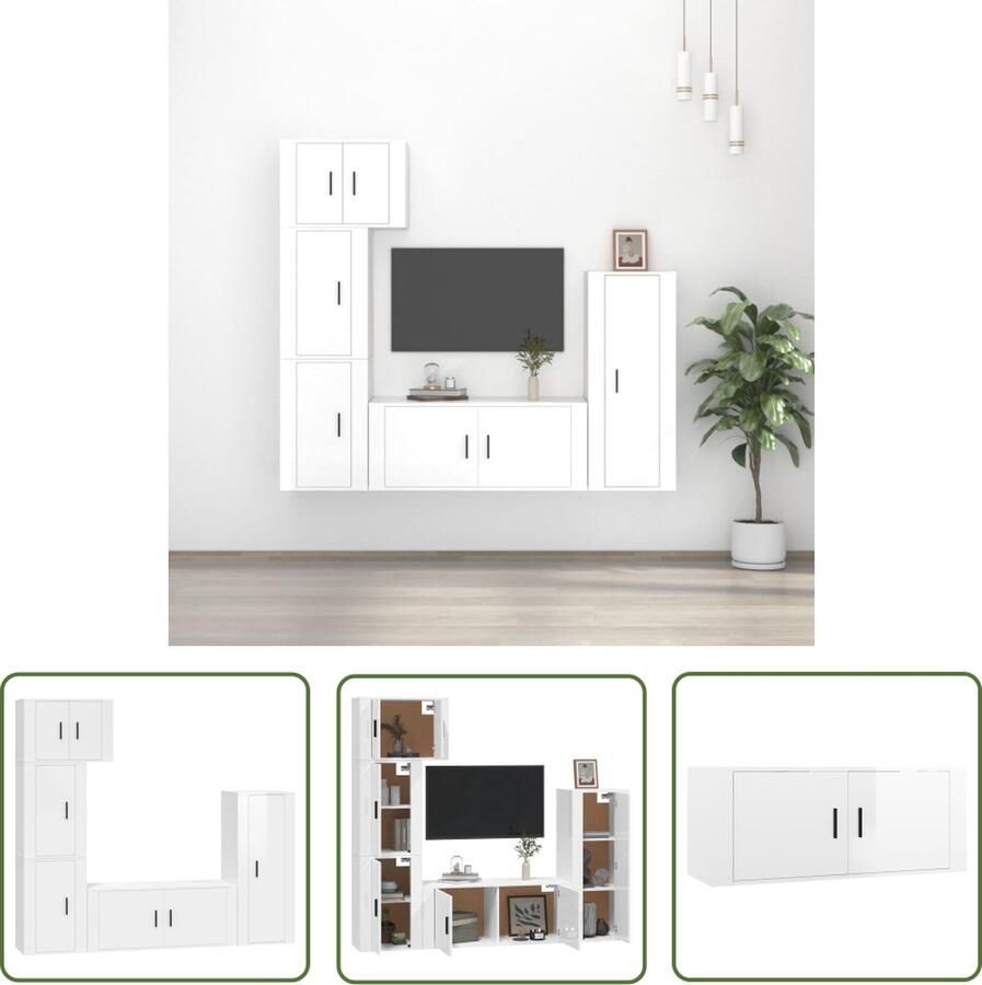 The Living Store Tv-meubel set Mediakasten 1x 57x34.5x40cm 1x 40x34.5x100cm 1x 100x34.5x40cm 2x 40x34.5x60cm Hoogglans wit Tv Meubels Tv Kast Media Kast Houten Tv Kast White Furniture - Foto 2