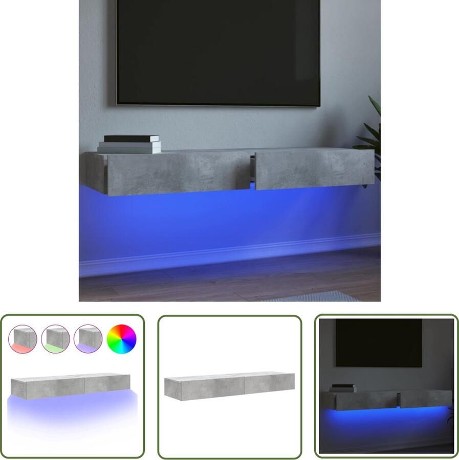 The Living Store TV-meubel Betongrijs Bewerkt hout 120 x 35 x 15.5 cm LED-verlichting Tv-meubel Beton Grijs Led Verlichting Houten Tv-standaard Salontafel