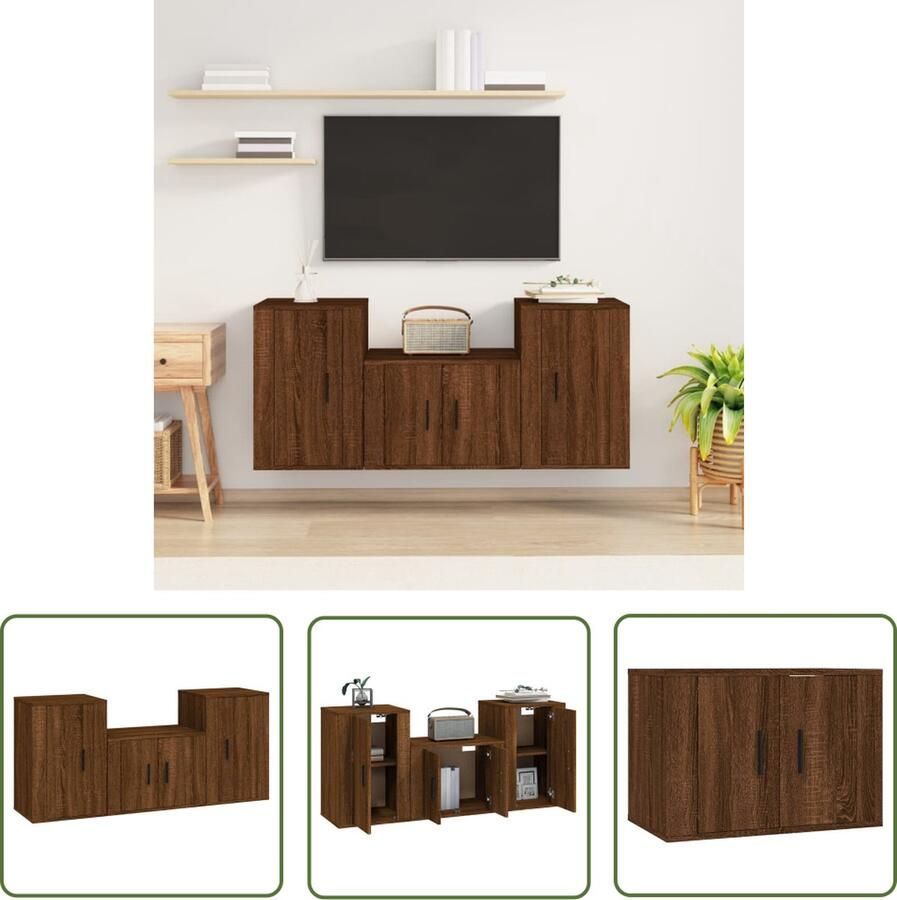 The Living Store Klassieke televisiekastenset Bruineiken 1x 57x34.5x40 cm 2x 40x34.5x60 cm Tv Kast Bruine Eik Houten Tv Stand Salontafel Media Kast - Foto 2