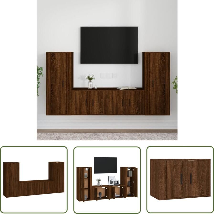 The Living Store vidaXL 4-delige Tv-meubelset bewerkt hout bruin eikenkleur Tv-meubel Bruine Eik Houten Tv-stand Wandmontage Mediastand - Foto 2