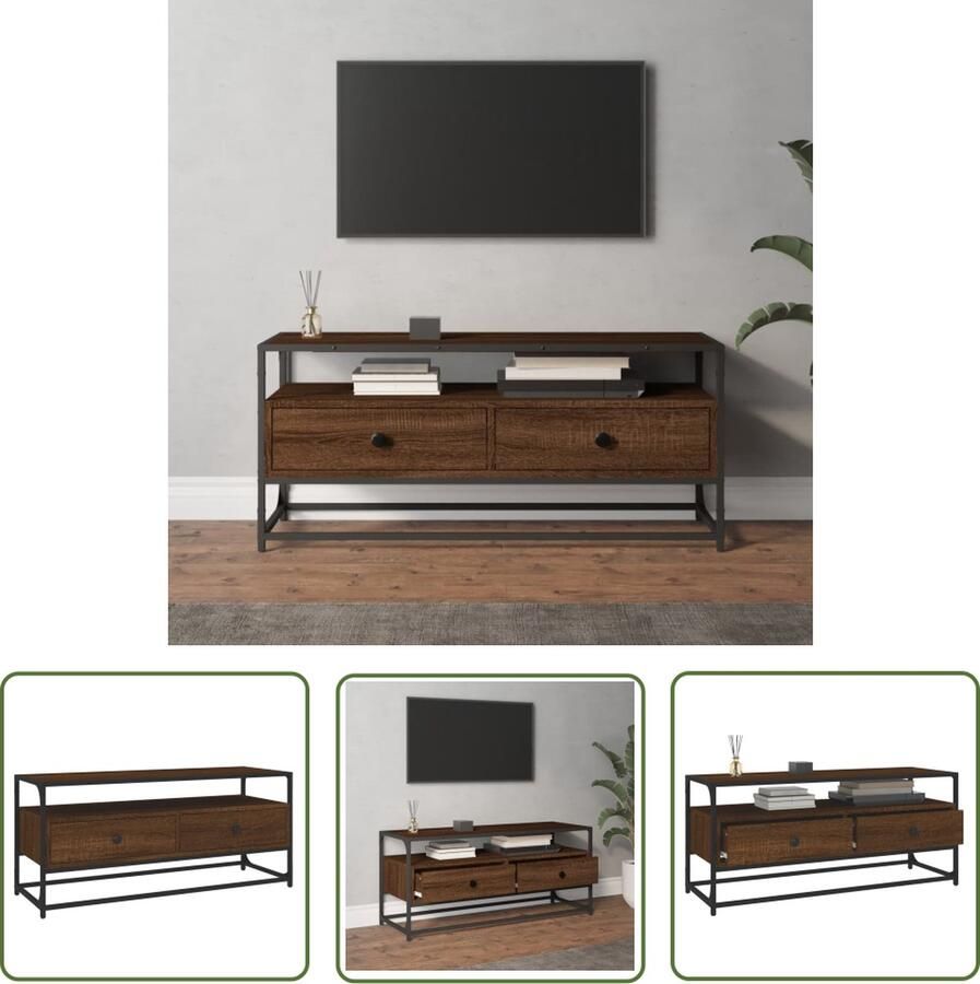 The Living Store TV-meubel Bruineiken 100 x 35 x 45 cm Duurzaam hout 2 lades Stevig blad Metalen voeten Tv Meubels Bruine Eiken Kleur Houten Tv Kast Tv Stand Salontafel - Foto 2