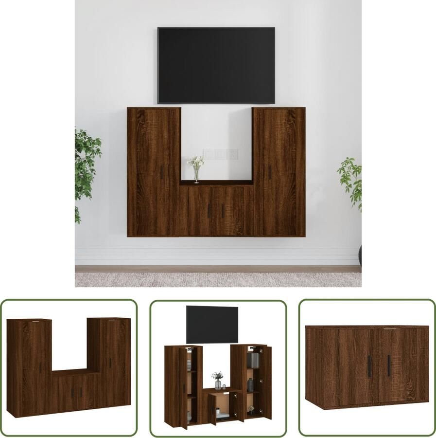 The Living Store TV Meubel Set Bruineiken 2x 40x34.5x100 cm + 1x 57x34.5x40 cm TV Meubel Bruine Eiken Salontafel Houten Tv Stand Mediastand - Foto 2