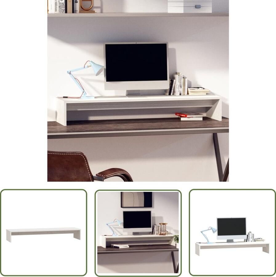 The Living Store Monitorstandaard Grenenhouten Bureaukast Wit 100 x 27 x 15 cm Monitorstandaard Computeraccessoire Bureaustandaard Laptop Stand Grenenhout Meubilair - Foto 2