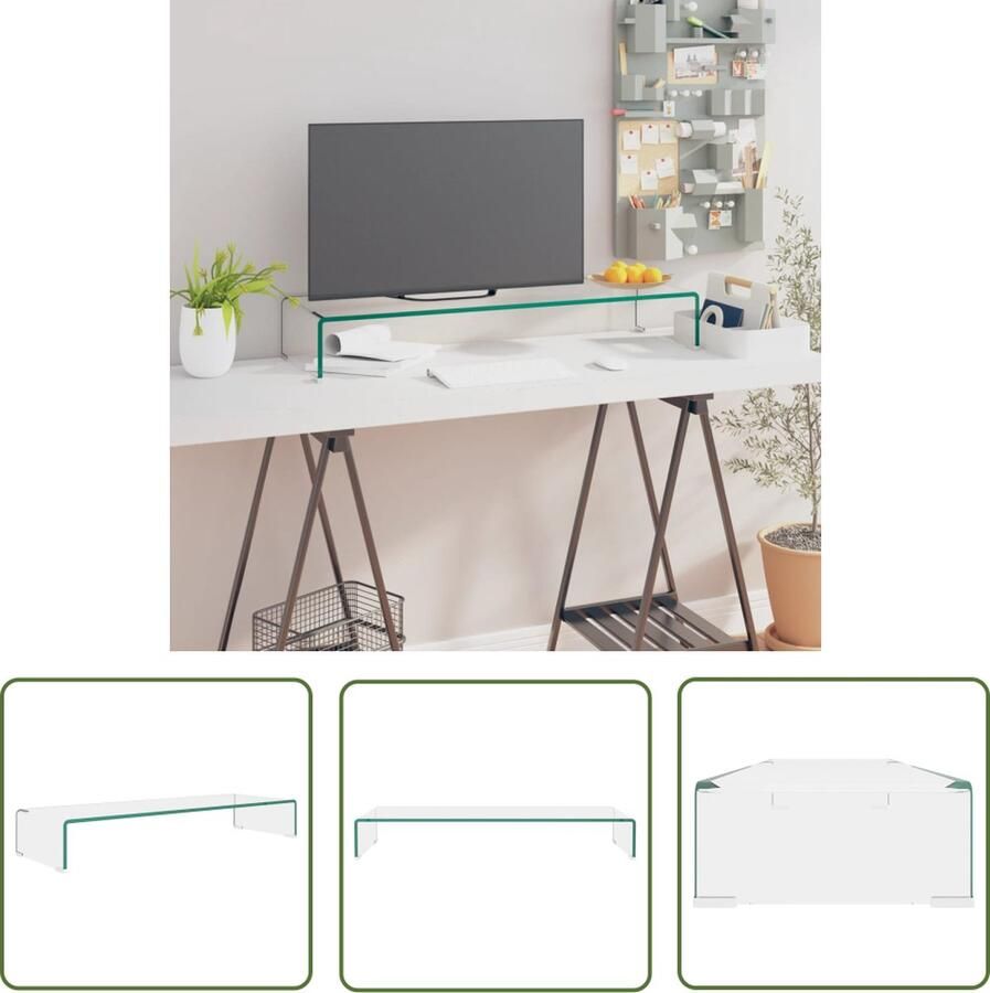 The Living Store TV-meubel Glazen constructie Verhoger Gehard glas Transparant 90 x 30 x 13 cm 12 mm dik TV-meubel Glas Meubilair Monitor Verhoger Transparant Meubel Salontafel - Foto 2