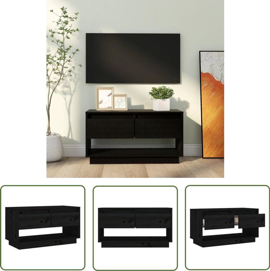 The Living Store vidaXL Tv-meubel 74x34x40 cm massief grenenhout zwart Tv-meubel Grenenhouten Tv-meubel Zwart Tv-meubel Zwevend Tv-meubel Salontafel - Foto 2
