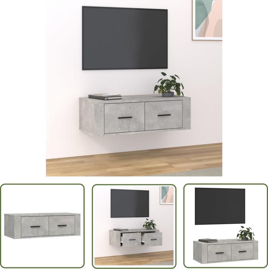 The Living Store Hangend TV-meubel Betongrijs 80 x 36 x 25 cm Duurzaam hout 2 lades Tv-meubel Hangend Tv-meubel Beton Grijs Houten Tv-stand Tv Kast - Foto 2