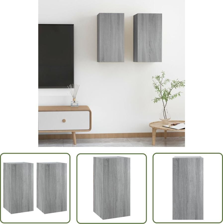 The Living Store Hangend tv-meubel Grijs Sonoma Eiken 30.5 x 30 x 60 cm Bewerkt hout Set van 2 Tv Meubel Hangend Tv Meubel Tv Kast Houten Tv Meubel Grijze Tv Meubel - Foto 2