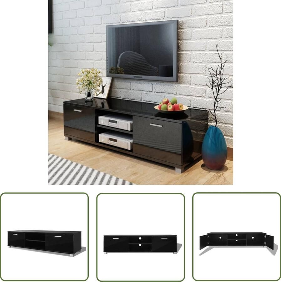 The Living Store TV-meubel hoogglans zwart 140x40.3x34.7cm bewerkt hout en MDF inclusief 2 schappen en 2 vakken met deuren Tv-meubel Hoogglans Kast Tv-stand Mediastand Houten Tv-meubel - Foto 2