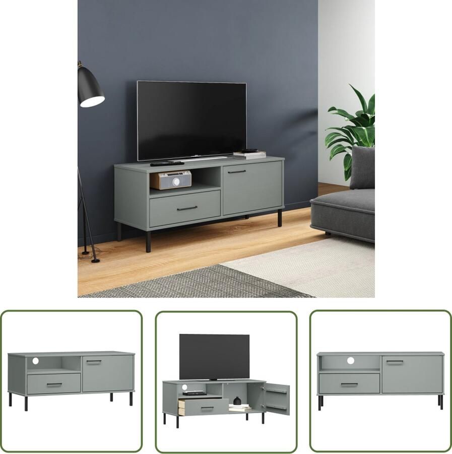 The Living Store OSLO Televisiekast Houten meubel Grijs 106 x 40 x 46.5 cm 1 lade 1 deur Televisiekast Hout Meubilair Grenshouten Kast Tv Stand Mediabox - Foto 2
